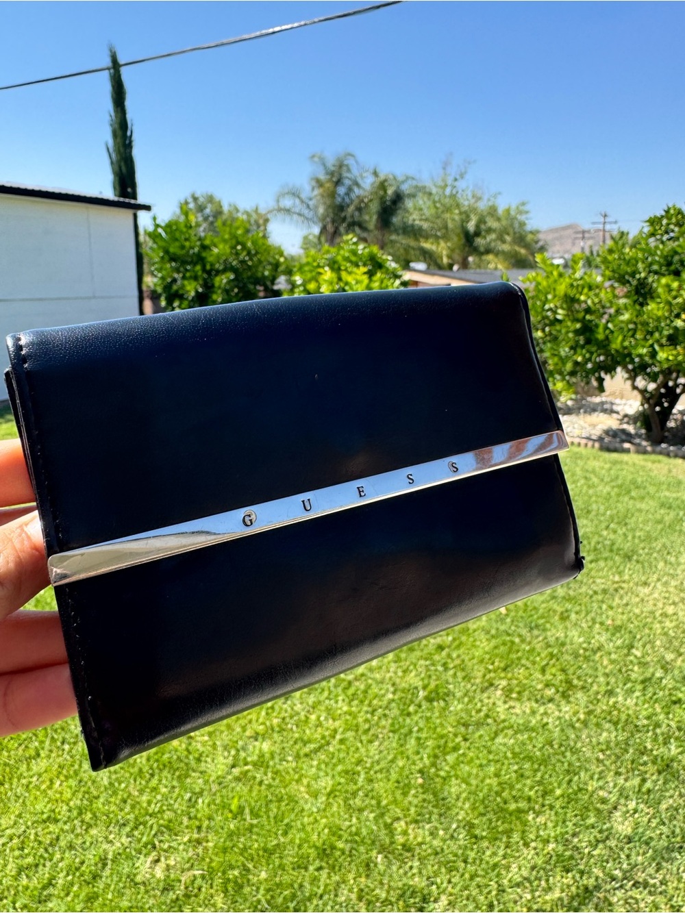 Vintage Guess Y2K Trifold Black Leather Women’s Small Wallet Silver Accents